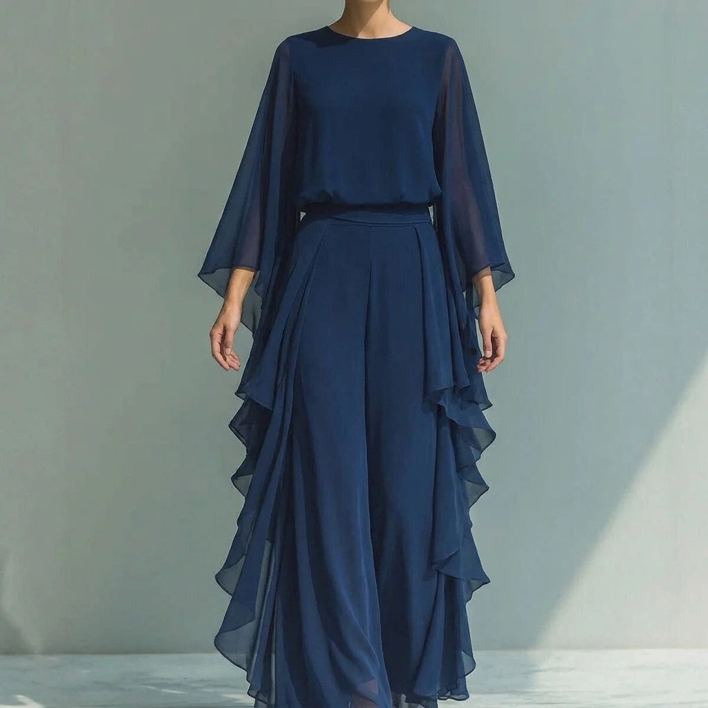 Deep Blue Ruffle Pants Set, Wide Leg Two Piece Outfit, Batwing Long Sleeve Top, Elegant Polyester — lifestyle