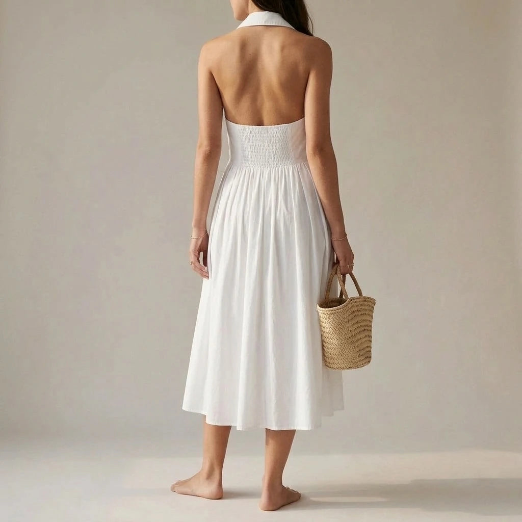 White Shirred Backless Midi Dress Women's High Waist Sleeveless A-Line 50% Viscose Summer Casual Office Wear Wedding Guest White — lifestyle