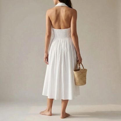 White Shirred Backless Midi Dress Women's High Waist Sleeveless A-Line 50% Viscose Summer Casual Office Wear Wedding Guest White — lifestyle