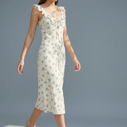 Holiday style floral ruffle edge sleeveless dress — lifestyle