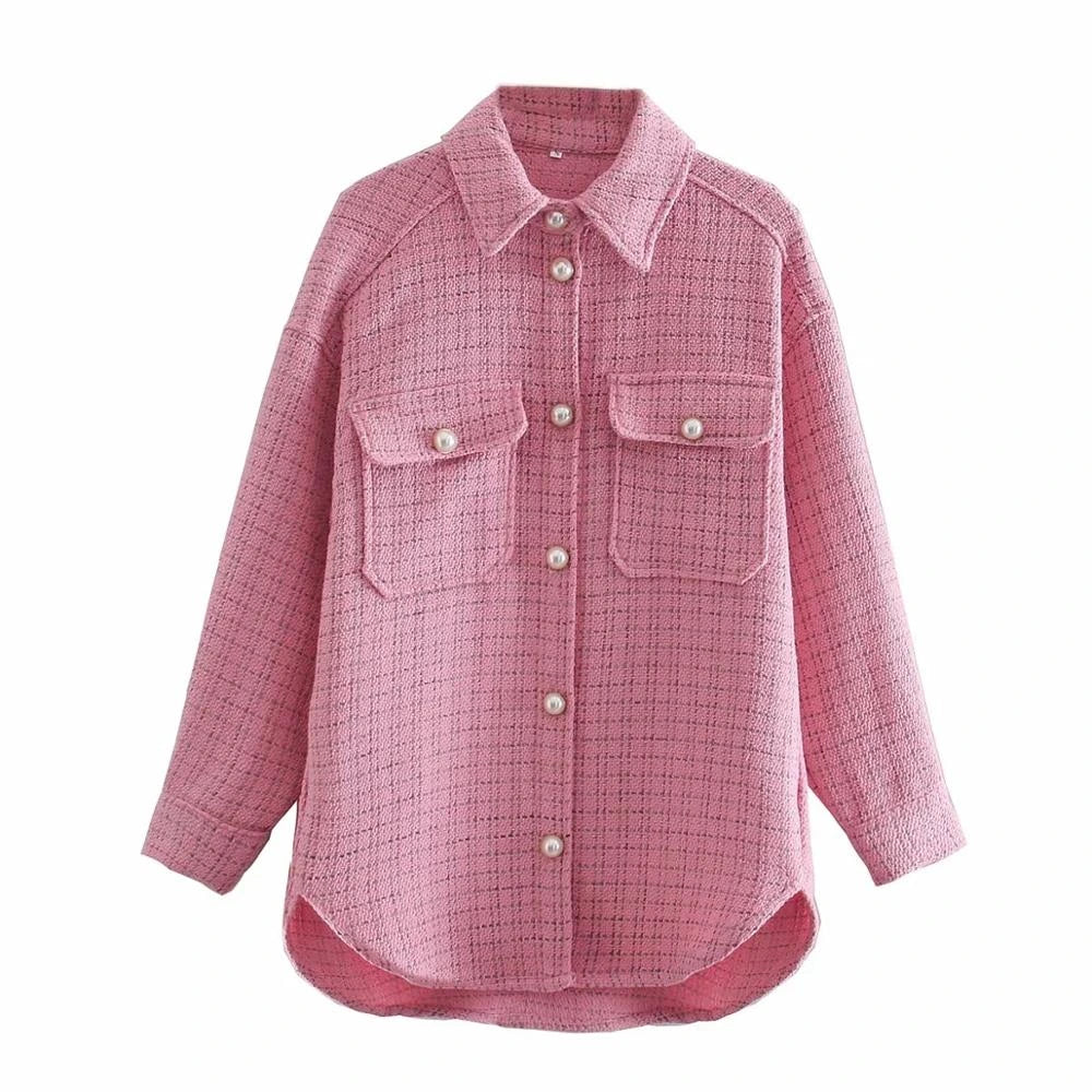 Women Blazer Tweed Shirts Plaid Oversized Jacket Casual Button Up Jacket Ladies Long Sleeve Women Casual Blazer Tops Beige Shirt — variant_front