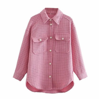 Women Blazer Tweed Shirts Plaid Oversized Jacket Casual Button Up Jacket Ladies Long Sleeve Women Casual Blazer Tops Beige Shirt — variant_front