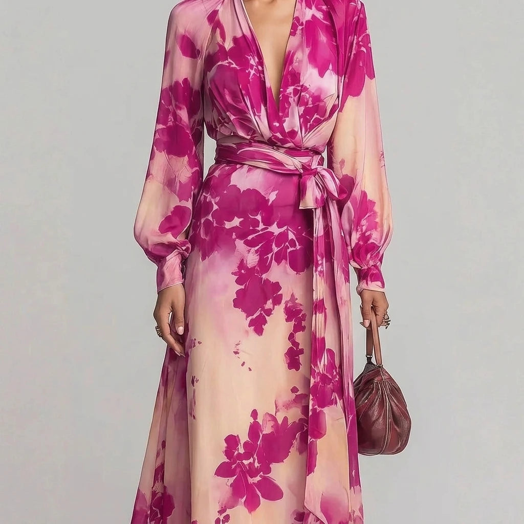 Pink Floral Chiffon Long Sleeve Maxi Dress, V-Neck Tie Waist, Elegant Spring Style — lifestyle