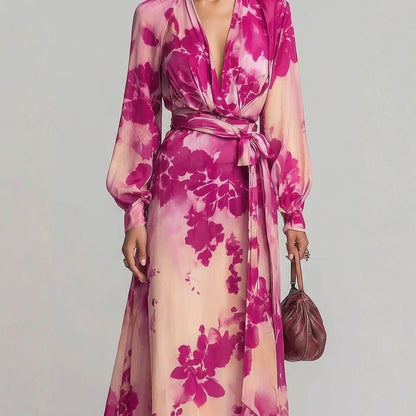 Pink Floral Chiffon Long Sleeve Maxi Dress, V-Neck Tie Waist, Elegant Spring Style — lifestyle