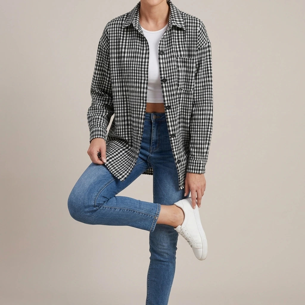 Thousand bird plaid button down flannel shirt — lifestyle
