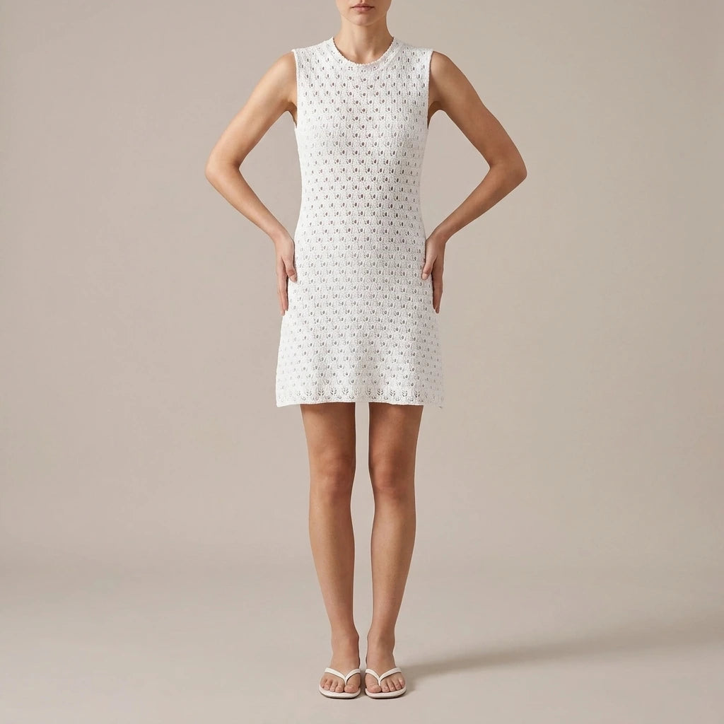 Sleeveless round neck hollow knitted mini dress — lifestyle