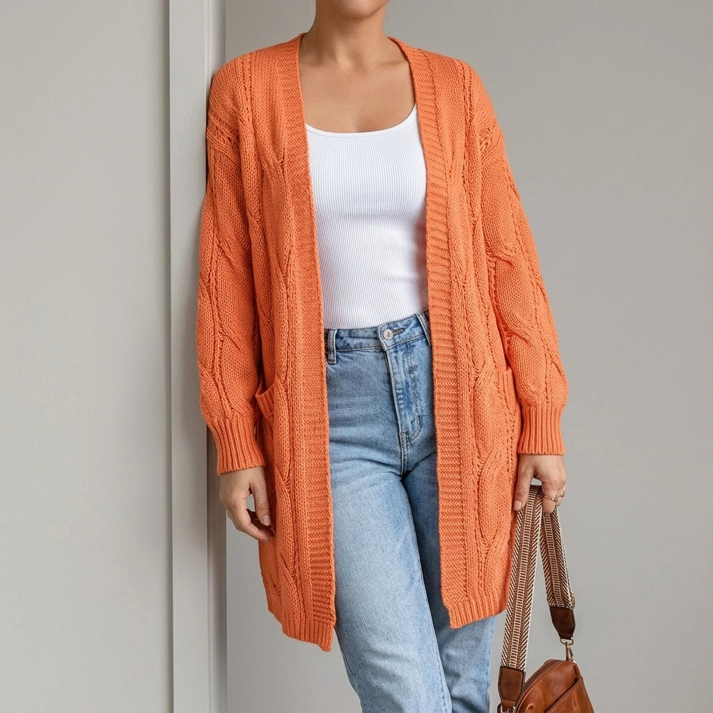 Ribbed Trim Eyelet Cable Knit Cardigan — lifestyle