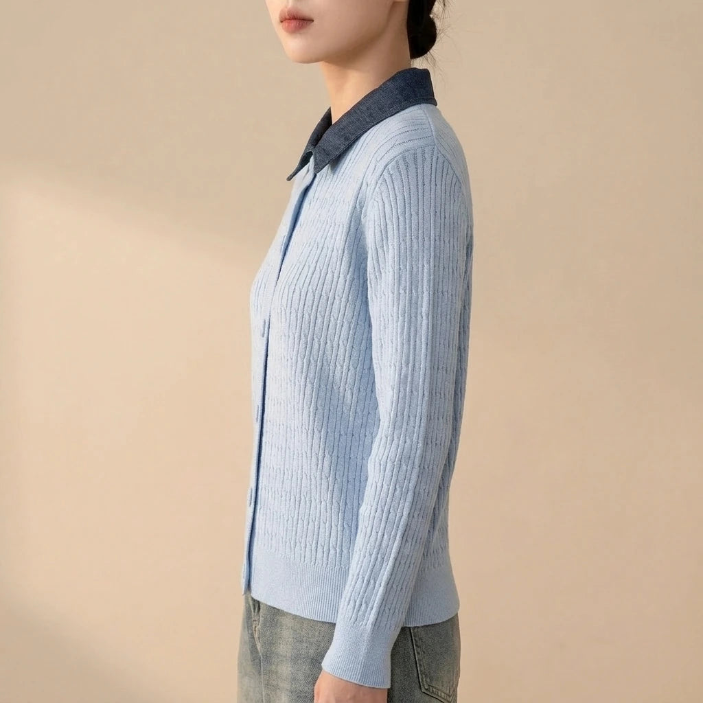 Chunky Knit Color-block Polo Neck Sweater for WomenLoose Fit Slimming Design Autumn/Winter Outwear — variant_front