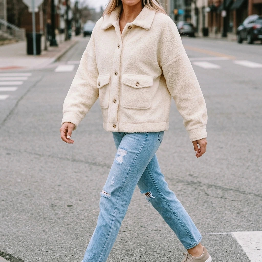 Beige Flap Button Pocket Sherpa Jacket — lifestyle