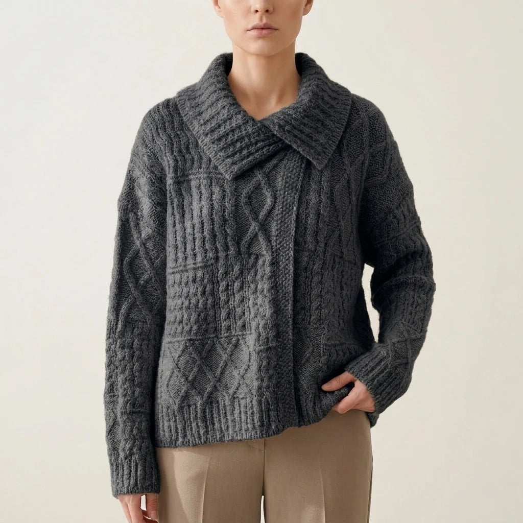 Turn-Down Collar Cable Knit Sweater Coat for Women Autumn Winter Retro Lazy Style Thick Chunky Knit Sweater — variant_front