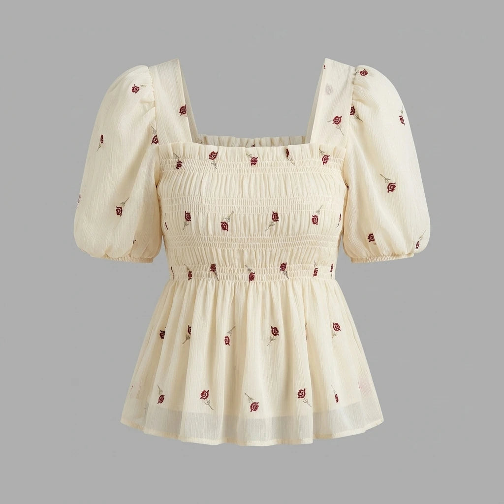French Style Floral Print Square Collar Bubble Sleeve Slimming Top Short Sleeve Waist Cinched Summer 2026 Fashion Trend — variant_front