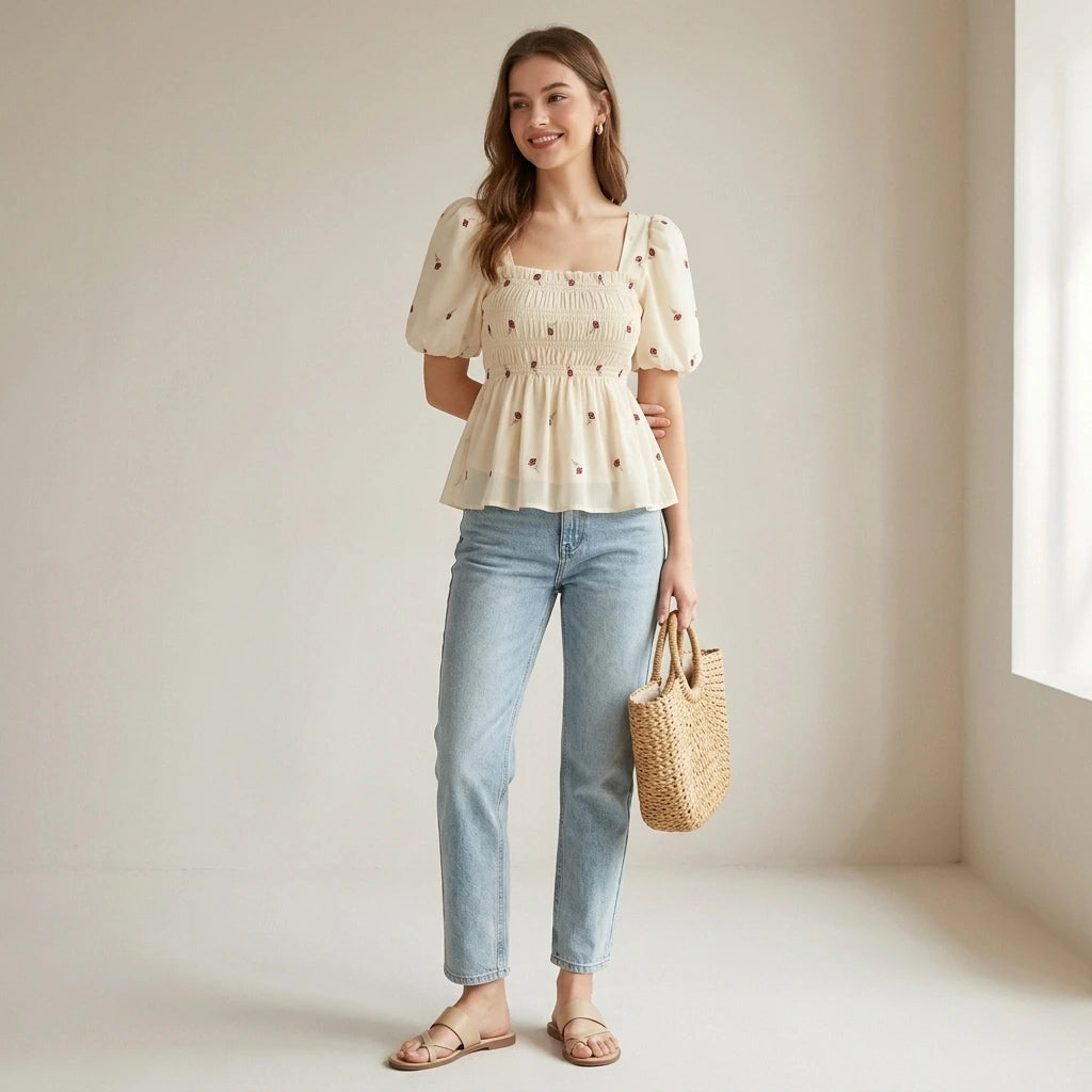 French Style Floral Print Square Collar Bubble Sleeve Slimming Top Short Sleeve Waist Cinched Summer 2026 Fashion Trend — lifestyle