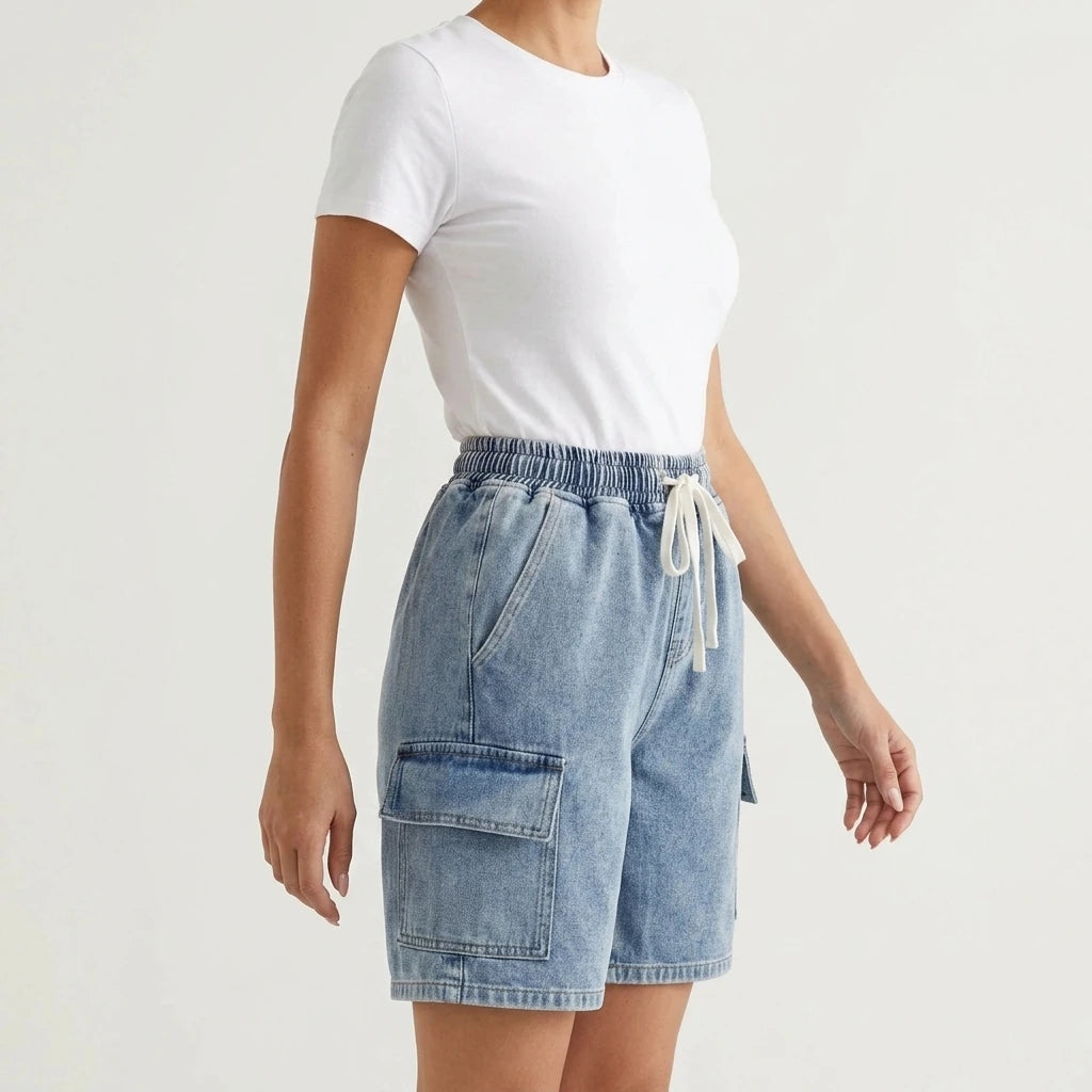 Drawstring Denim Shorts with Pockets — variant_front