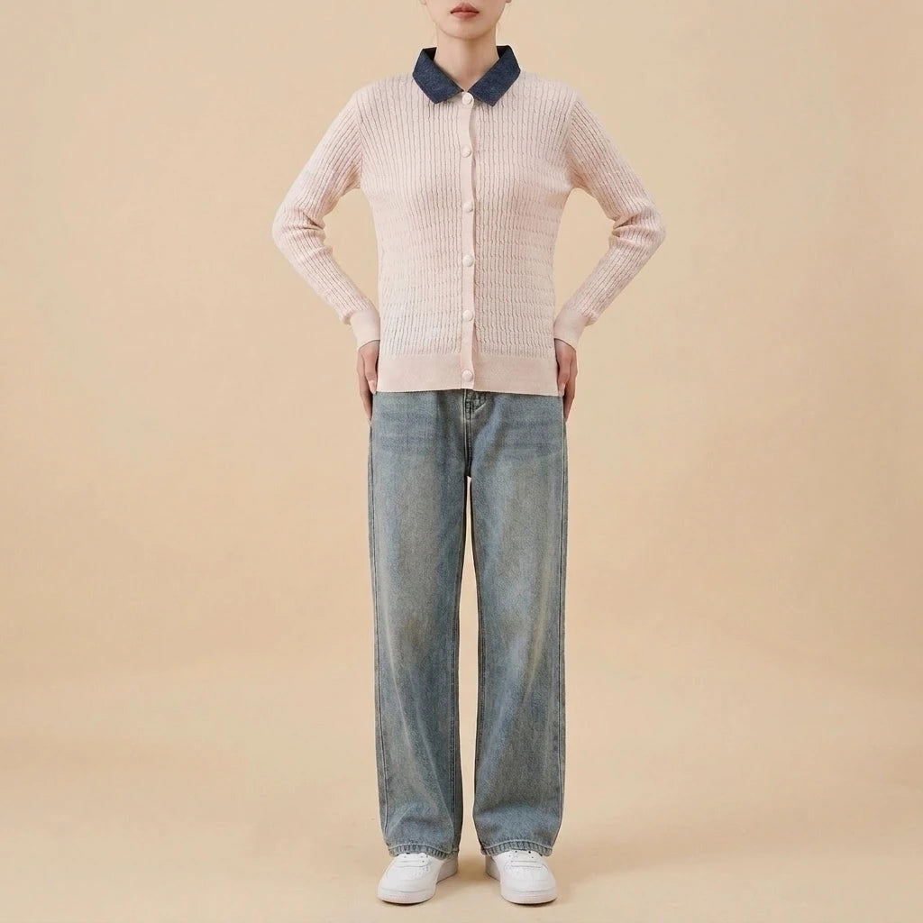 Chunky Knit Color-block Polo Neck Sweater for WomenLoose Fit Slimming Design Autumn/Winter Outwear — variant_front