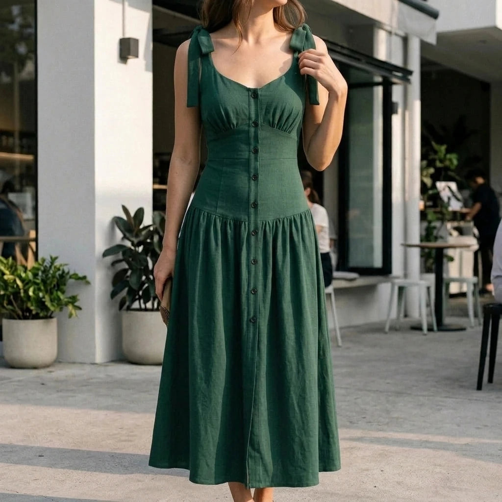 Retro Ruched Sheath Maxi Dress Women's A-Line V Neck Sleeveless Button Detail Daily Summer Party Graduation Green Polyester Natural Waist — lifestyle
