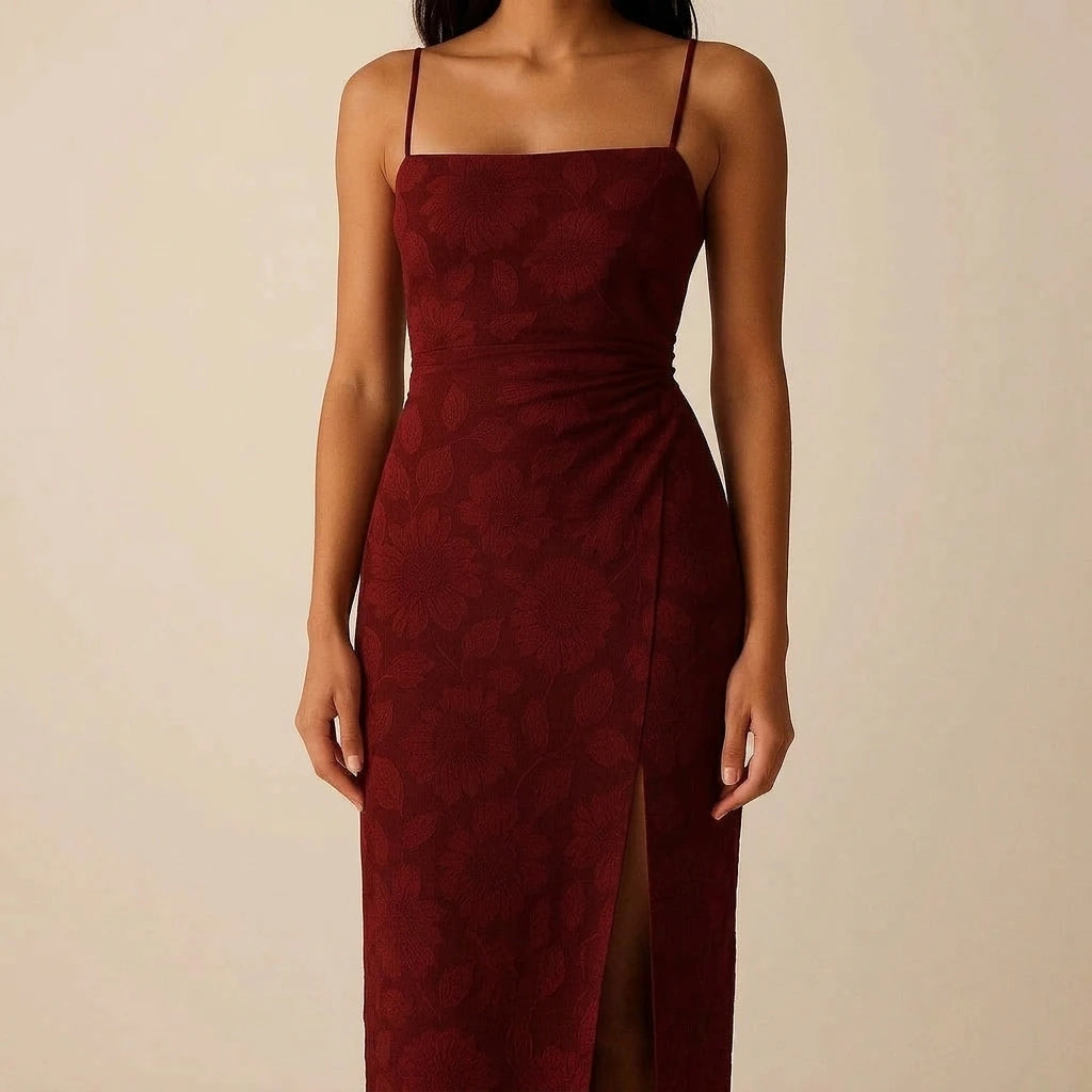 Formal Floral Maxi Dress Women’s Shirred Sheath Slip Sleeveless Slit Square Neck Occasion Wear Christmas Engagement Red Polyester Spring Summer Fall Winter — lifestyle