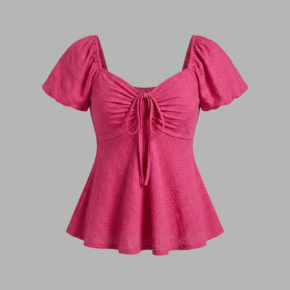 2026 Women Y2k Summer Tops V-Neck Drawstring Sexy Lace Up Short Sleeve Solid Color Shirts Female Elegant Casual Fashion Blouses — variant_front