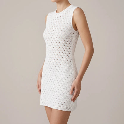 Sleeveless round neck hollow knitted mini dress — lifestyle