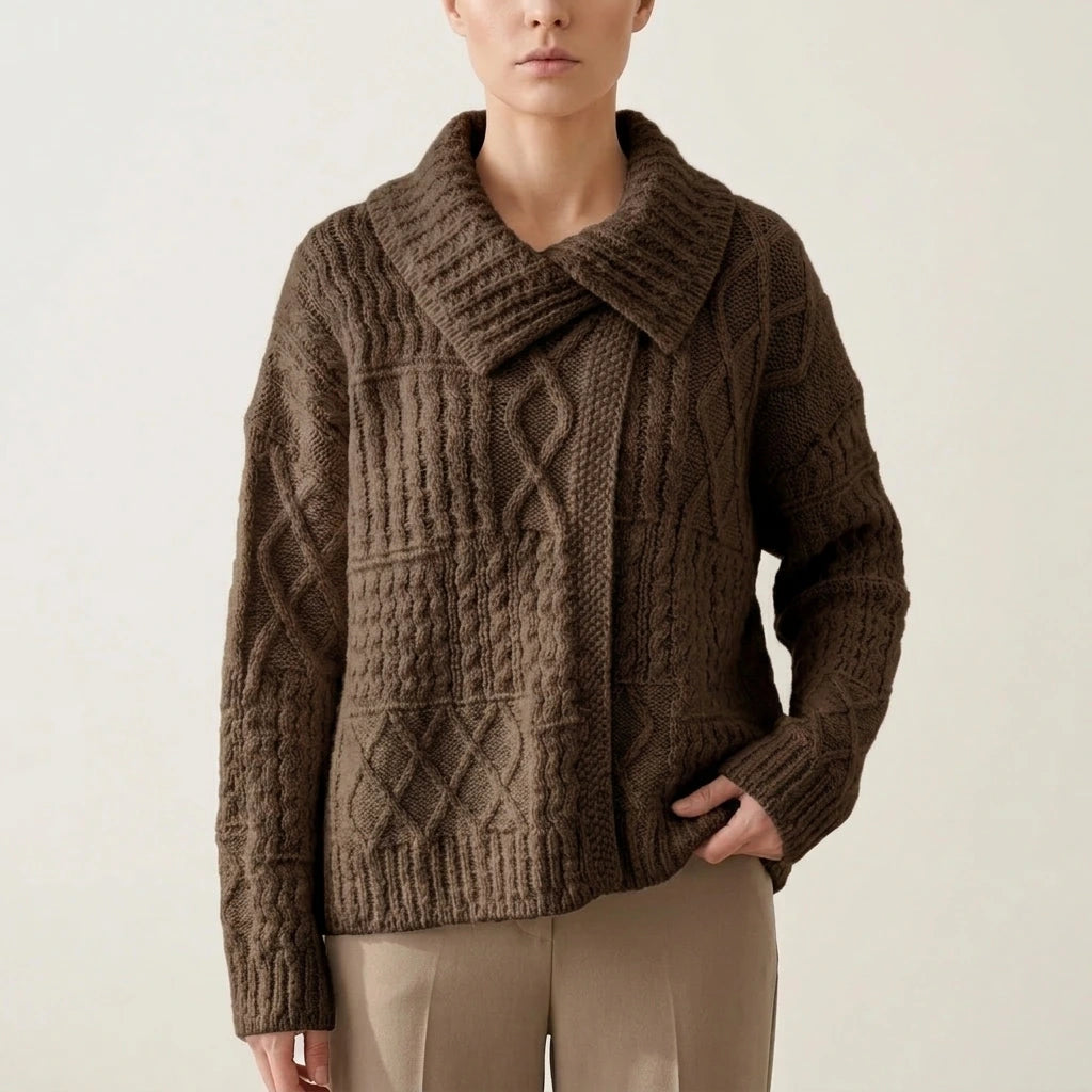 Turn-Down Collar Cable Knit Sweater Coat for Women Autumn Winter Retro Lazy Style Thick Chunky Knit Sweater — variant_front