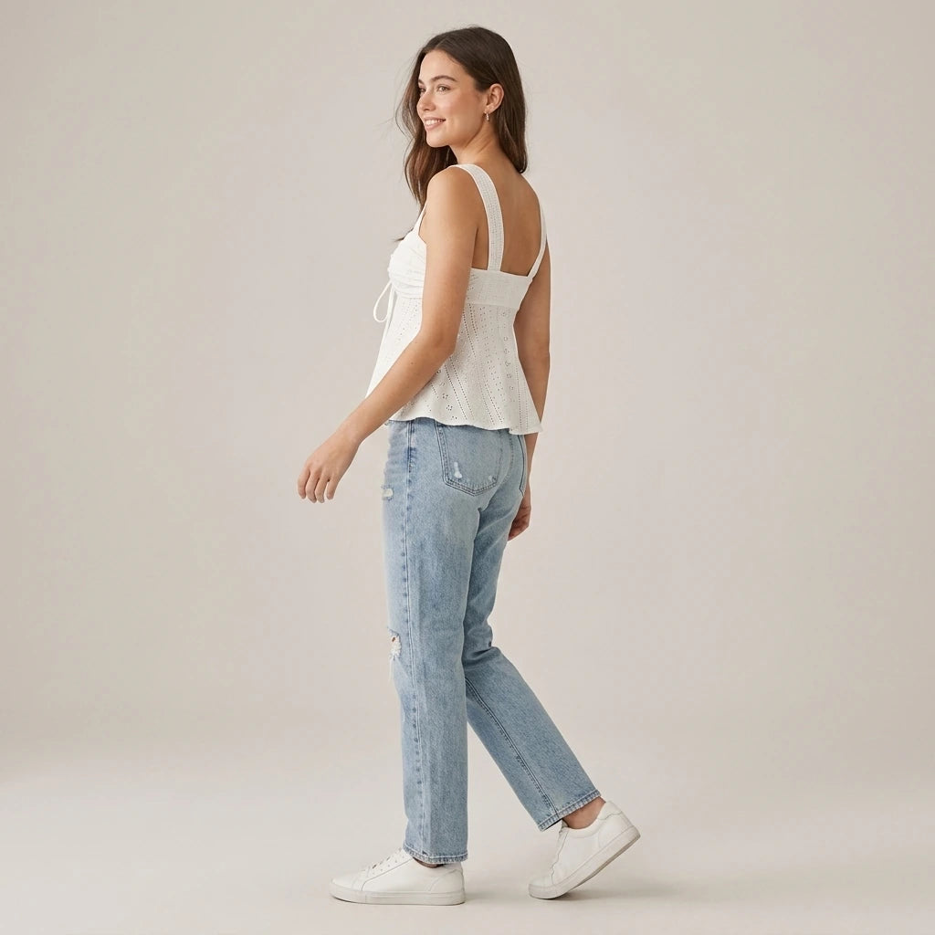 Women White Eyelet Lace Cami Top Casual Ruched Tie Front Peplum Camisole Top — lifestyle_lead