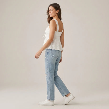 Women White Eyelet Lace Cami Top Casual Ruched Tie Front Peplum Camisole Top — lifestyle_lead