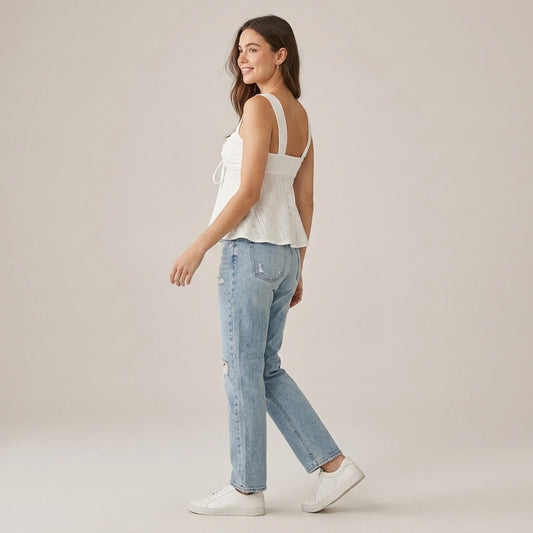 Women White Eyelet Lace Cami Top Casual Ruched Tie Front Peplum Camisole Top — lifestyle_lead