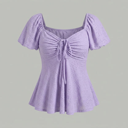 2026 Women Y2k Summer Tops V-Neck Drawstring Sexy Lace Up Short Sleeve Solid Color Shirts Female Elegant Casual Fashion Blouses — variant_front