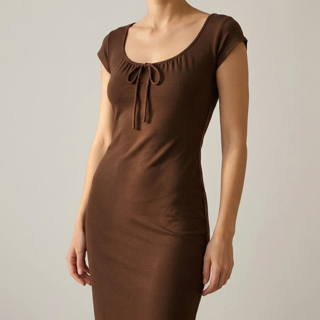 Retro Sheath Midi Dress for Women, Boat Neck, Cap Sleeve, Ruched, Knit, Basic Style, Daily Wear, Brown, Medium Stretch — lifestyle