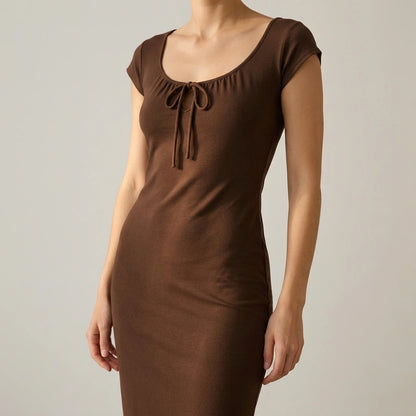 Retro Sheath Midi Dress for Women, Boat Neck, Cap Sleeve, Ruched, Knit, Basic Style, Daily Wear, Brown, Medium Stretch — lifestyle