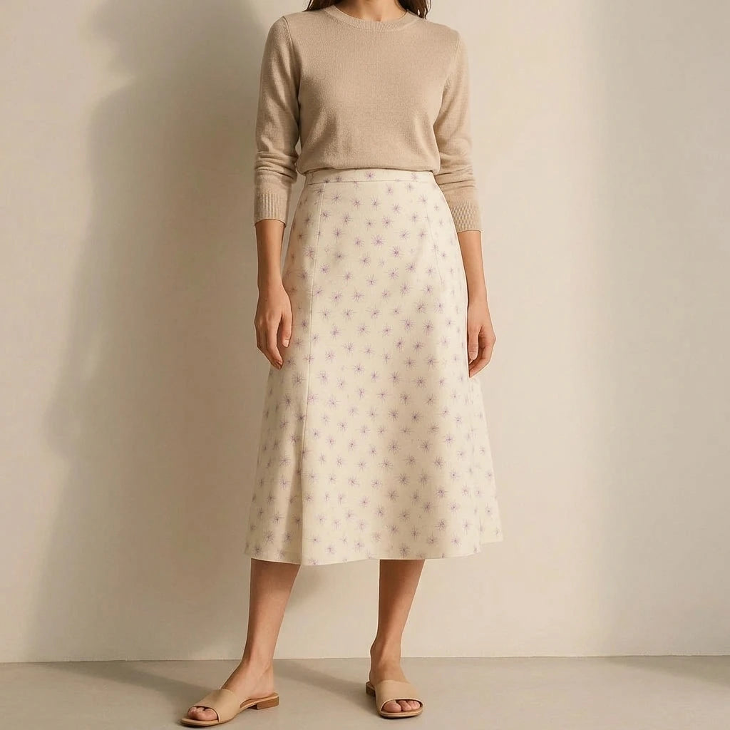 Elegant A-Line Midi Skirt for Women, High Waist, Floral Print, Slit Detail, Daily or Office Wear, Spring Summer, Beige Polyester — lifestyle