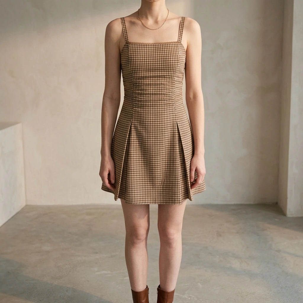 Elegant Ruched Plaid Mini Dress for Women, A-Line Slip, Square Neck, Lace Trim, Sleeveless, Cotton, Daily Summer Occasion, Brown — lifestyle_lead