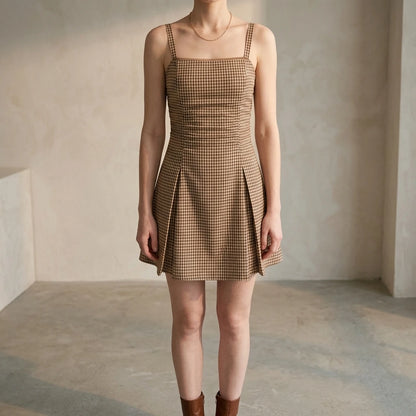 Elegant Ruched Plaid Mini Dress for Women, A-Line Slip, Square Neck, Lace Trim, Sleeveless, Cotton, Daily Summer Occasion, Brown — lifestyle_lead