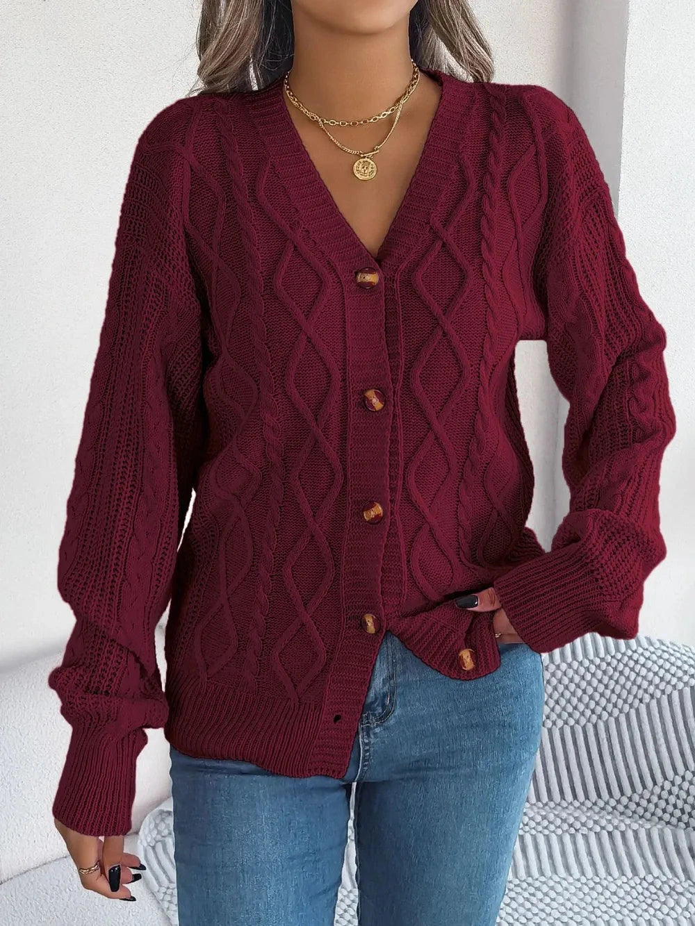 Cable-Knit Long Sleeve Cardigan — variant_front