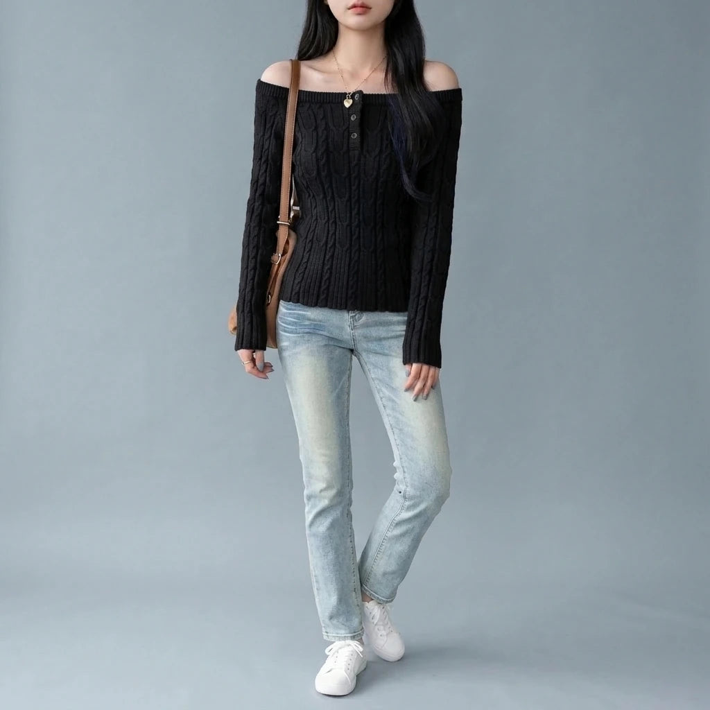 Chunky Knit Off-Shoulder Grey Sweater Top for Women, Long Sleeve, Short Length — variant_front