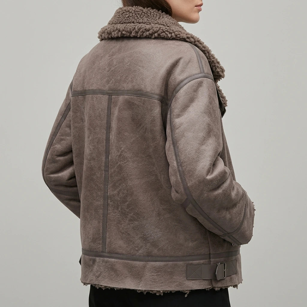Women's Faux Shearling Long Sleeve Stand-Up Collar Reversible Jacket Coat — lifestyle