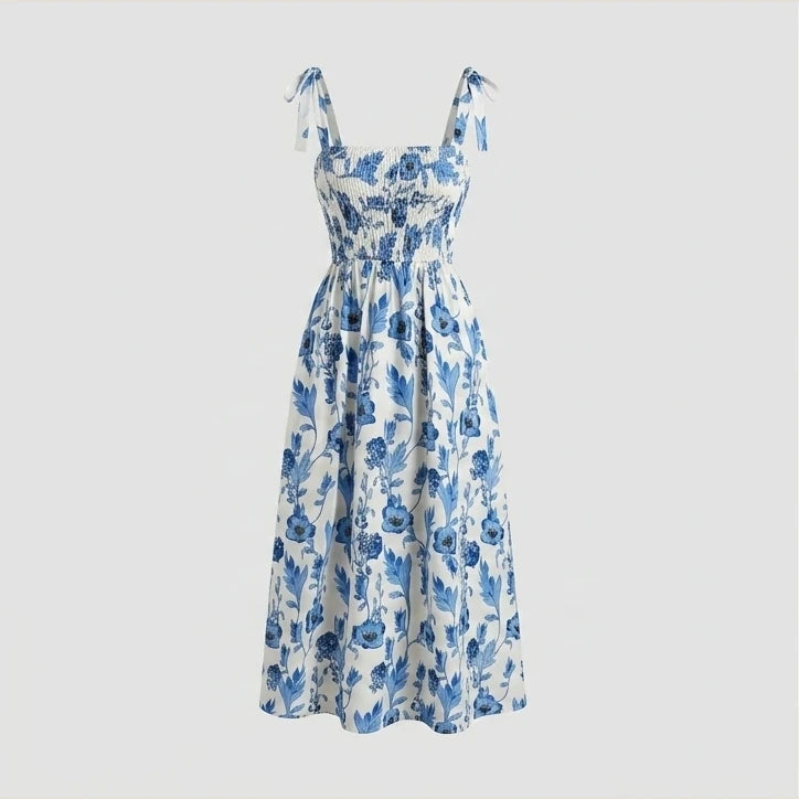 【Elegant Romance】Floral Corset Dress with Knotted Straps & Smocked Bodice, Bodycon Party Guest Dress for Wedding, Date Night — variant_front