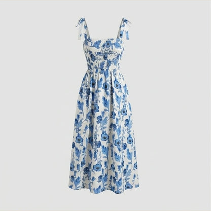 【Elegant Romance】Floral Corset Dress with Knotted Straps & Smocked Bodice, Bodycon Party Guest Dress for Wedding, Date Night — variant_front
