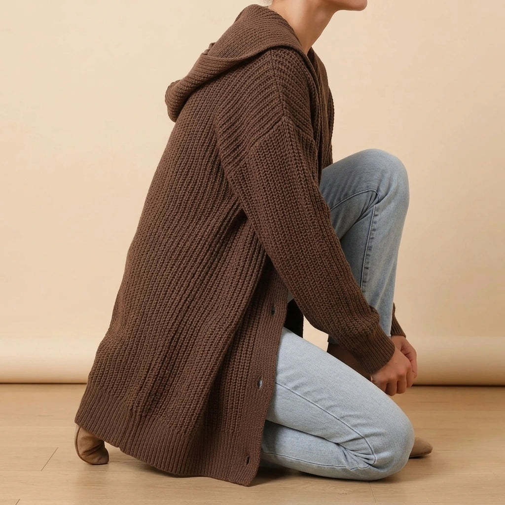 Brown Chunky Knit Lapel Collar Button up Cardigan — lifestyle