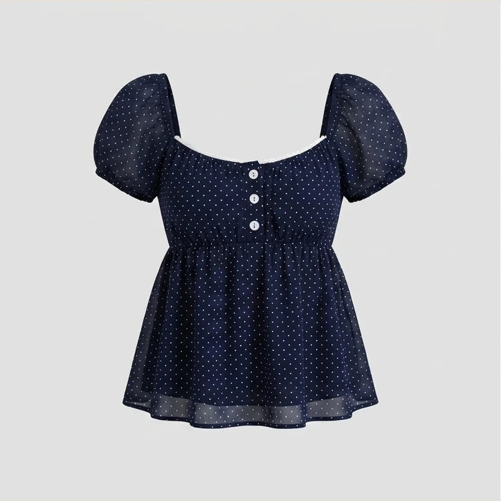 Polka Dot Babydoll Top Women Summer Sweet Korean Puff Short Sleeve Chiffon Blouse Square Neck Summer Vintage Youthful T-shirt — variant_front