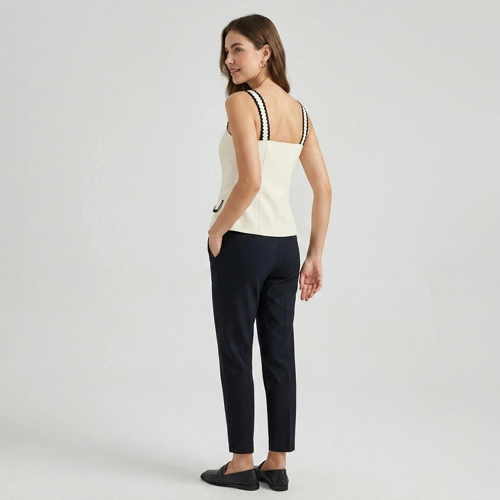 Beige Contrasting Pocket Cami Top Women's Sleeveless Square Neck Hip-Length Button Detail Office Workwear Summer Spring Polyester Spandex — gallery_01.webp
