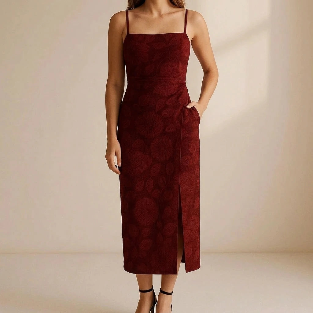 Formal Floral Maxi Dress Women’s Shirred Sheath Slip Sleeveless Slit Square Neck Occasion Wear Christmas Engagement Red Polyester Spring Summer Fall Winter — lifestyle