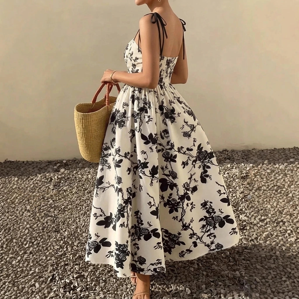 Beige Floral A-Line Swing Dress, Waist Cinching Suspender, Sleeveless Elegant Style, Summer Polyester — lifestyle_lead