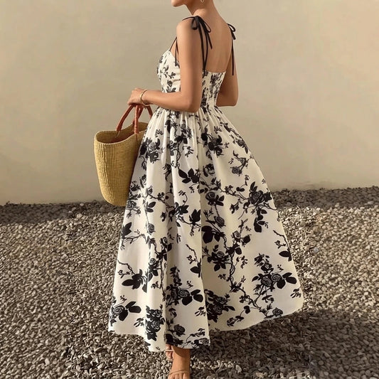 Beige Floral A-Line Swing Dress, Waist Cinching Suspender, Sleeveless Elegant Style, Summer Polyester — lifestyle_lead