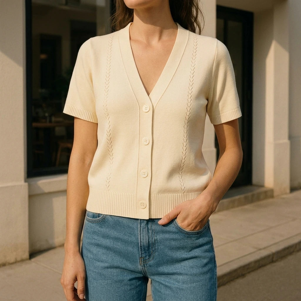 Chic Textured Cardigan Women's Casual Daily Button-Up Top High Stretch Short Sleeve Hip Length Apricot Polyester Spring Summer — lifestyle