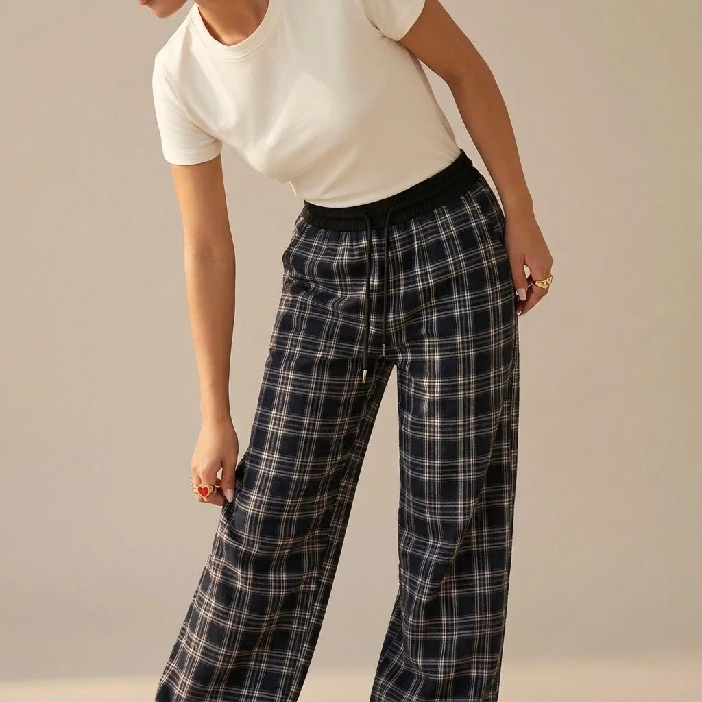 Loose Lazy Style Straight Leg Plaid Patchwork High Waist Drape Casual Sweatpants — variant_front