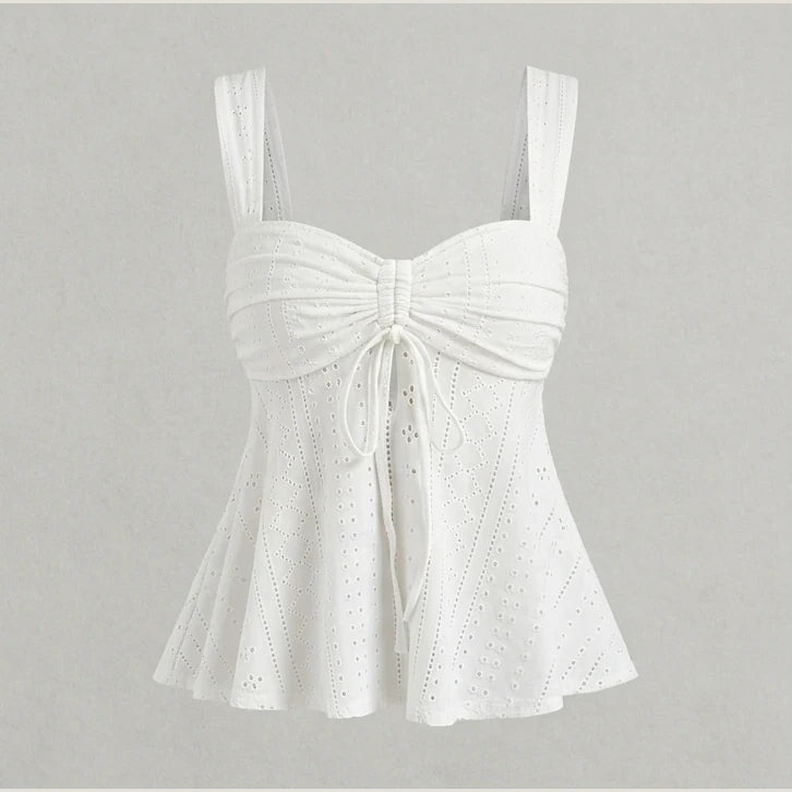 Women White Eyelet Lace Cami Top Casual Ruched Tie Front Peplum Camisole Top — product_only_front