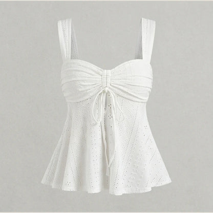 Women White Eyelet Lace Cami Top Casual Ruched Tie Front Peplum Camisole Top — product_only_front