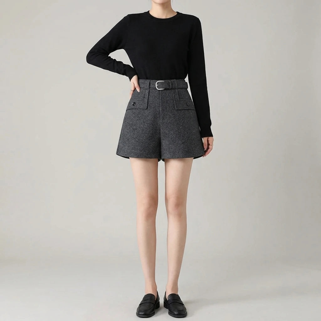 Solid Color Casual Shorts for Women High Waist Woolen — variant_front