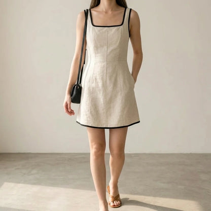 Elegant Beige Sheath Mini Dress for Women, Square Neck, Sleeveless, Contrasting Panels, Daily Office Workwear, Summer A-Line, Polyester Viscose, Natural Waist — lifestyle