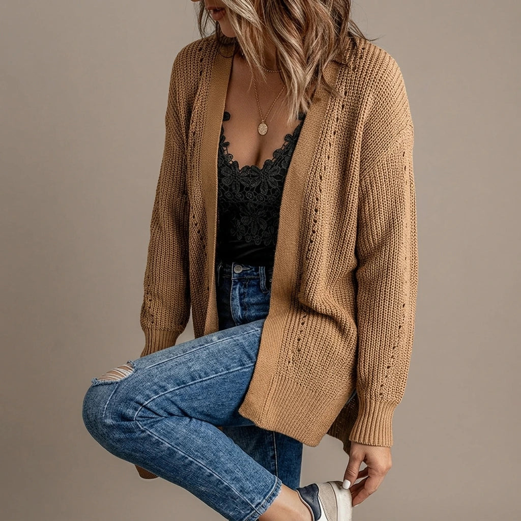 Apricot Drop Sleeve Cable Knit Cardigan with Slits — lifestyle